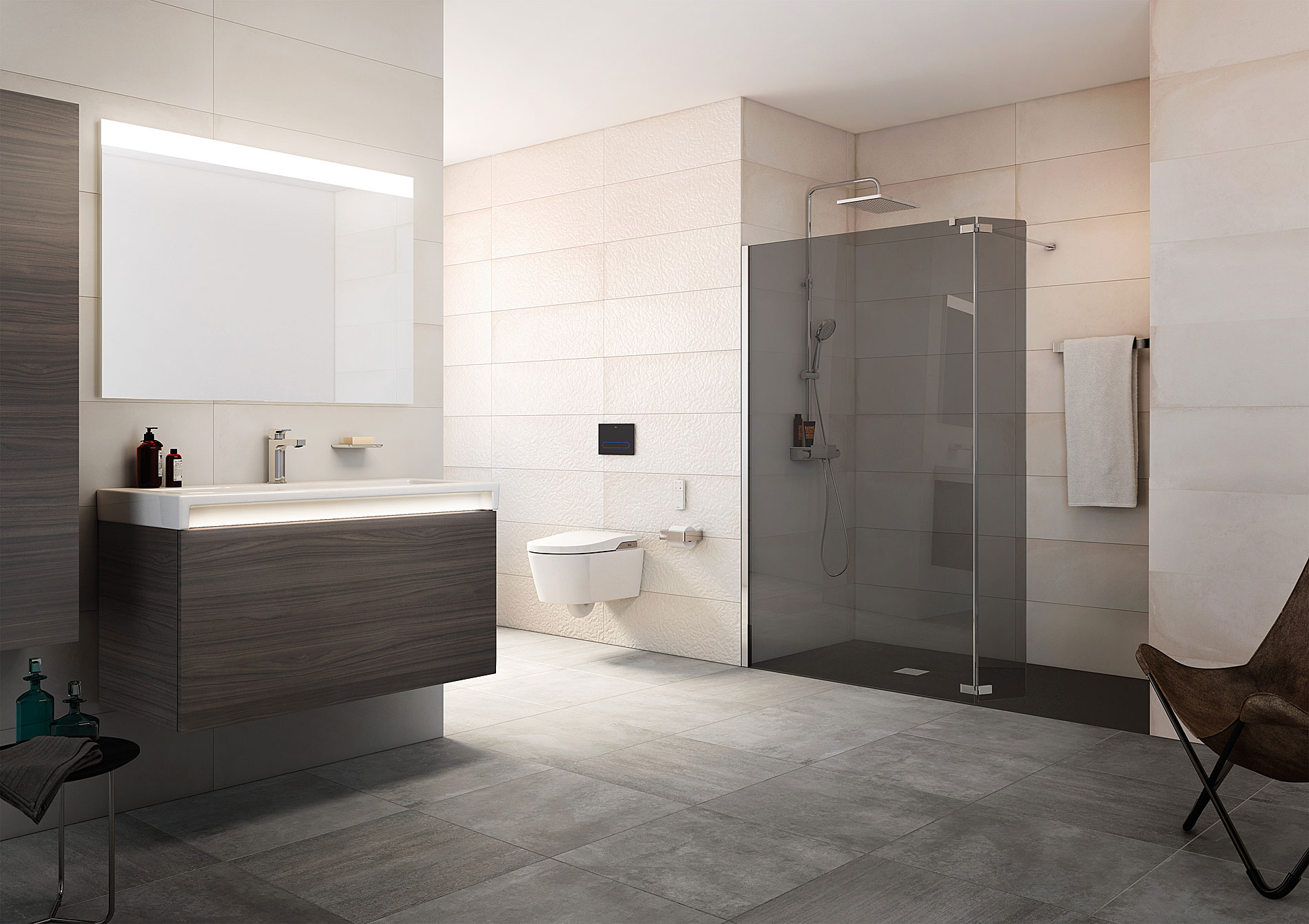 Mueble de baño con iluminación LED, altavoces y toma de corriente